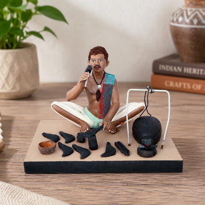 Niharika Krishnanagar Handmade Clay Blacksmith Idol for Home Décor & Gifting, Sitting Human Figure Miniature Showpiece, Multicolour Indian Art Figurine, 15.2 x 10.2 x 10.2 cm-1 Piece