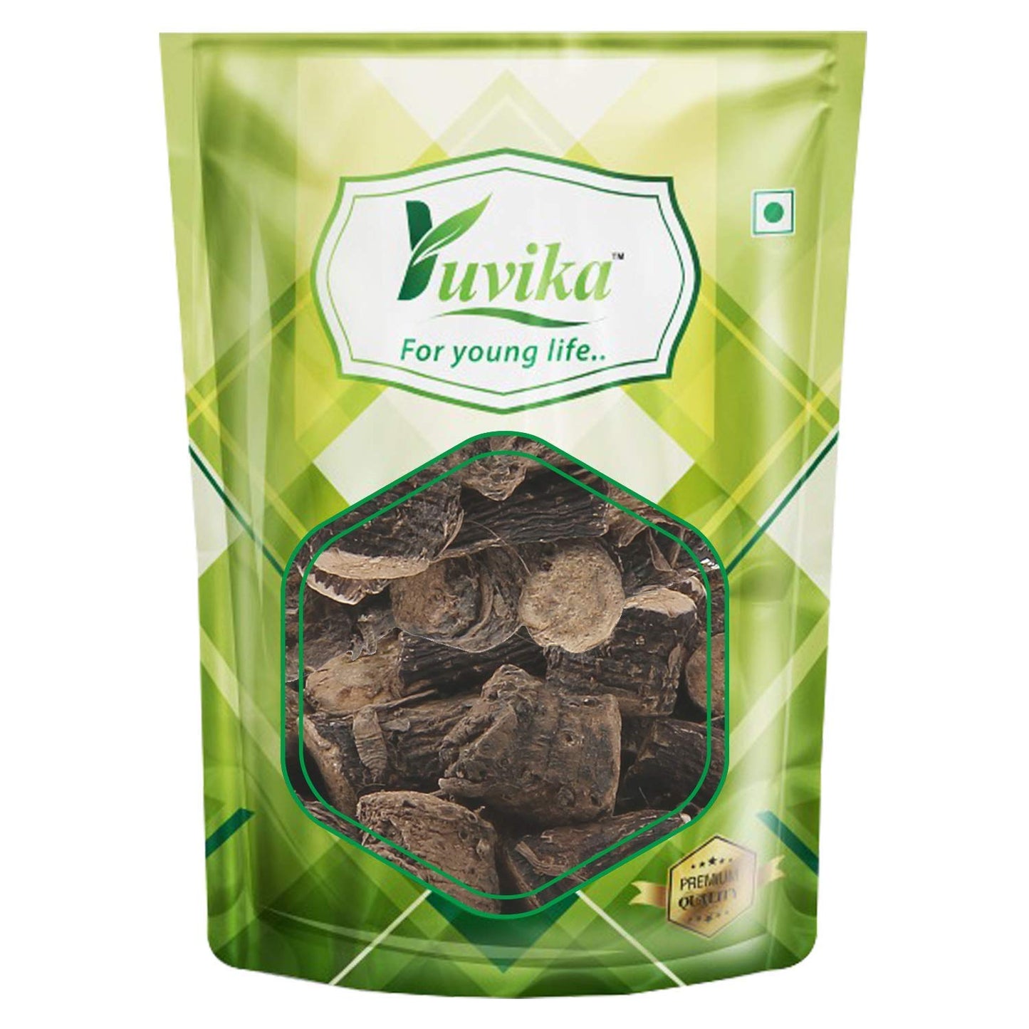 Yuvika Musli Kali Curculigo Orchiodes Gaertn Ayurvedic supplement in a glass jar with dried root powder and label.