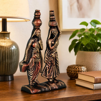 Niharika Collections Handmade Clay Terracotta Abstract Sculpture | Home Décor & Gift | Cultural Art | Rajasthani Women Idol (Golden Color, Set of 2)