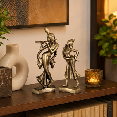 Niharika Collections Handmade Clay Terracotta Abstract Sculpture | Home Décor & Gift | Spiritual & Cultural Art | Radha Krishna Idol (Golden Color, Set of 2)