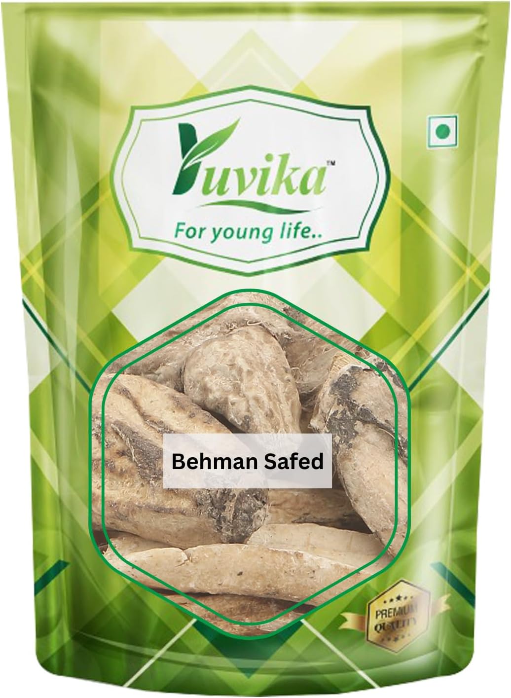 Yuvika Behman Safed (White Behen) Ayurvedic product, dried white Centaurea Behen Linn flower in a jar.
