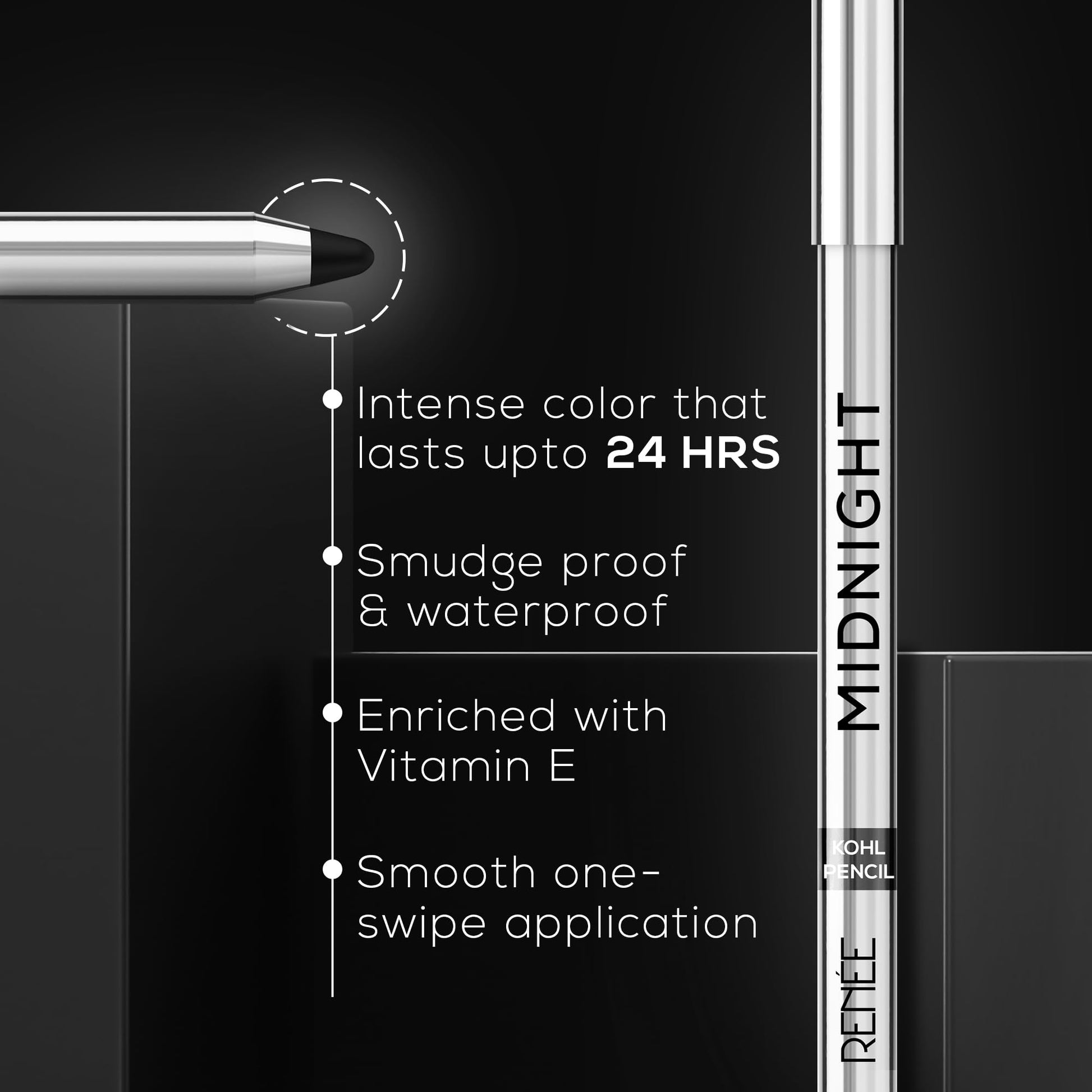 Renee Midnight Kohl Pencil, smudge-proof waterproof kajal with deep black color, displayed on a white background.