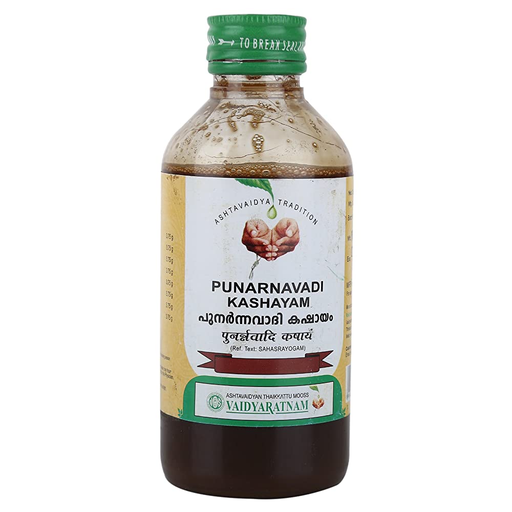 Vaidyaratnam Punarnavadi Kashayam Ayurvedic syrup bottle with herbal label, used for wellness and herbal health remedies.