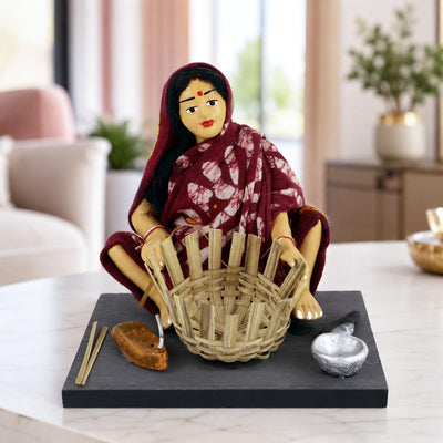 Niharika Collections Krishnanagar Handmade Terracotta Clay Woman Basket Maker Miniature Idol Basic | Traditional Indian Home Decor, Golu Display and Gifting