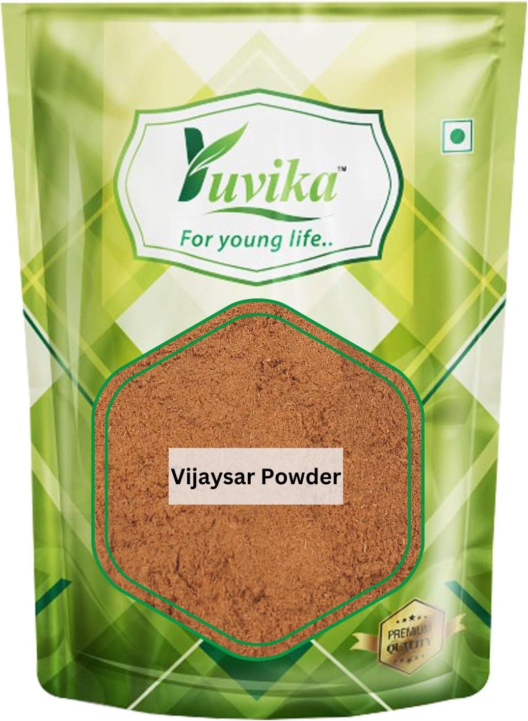 Yuvika Vijaysar Powder, Indian Kino powder in a natural Ayurvedic product package, showcasing the herbal powder inside a jar.