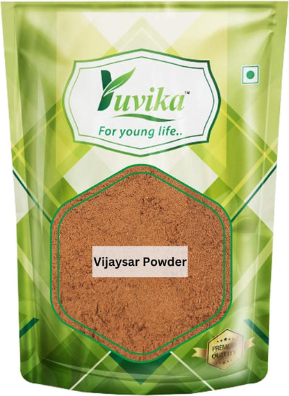 Yuvika Vijaysar Powder, Indian Kino powder in a natural Ayurvedic product package, showcasing the herbal powder inside a jar.