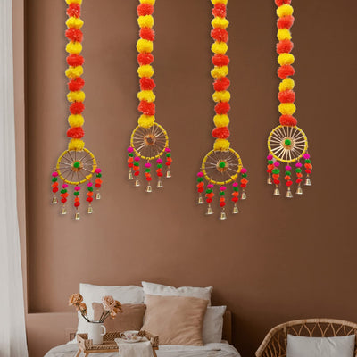 Artificial Marigold Fluffy Flowers Garland String with Bells Ring Pom Pom Rajasthani Wall Door Hanging Latkans Handmade Toran Decoration 2.9 Ft Height (4 Piece)