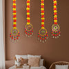 Artificial Marigold Fluffy Flowers Garland String with Bells Ring Pom Pom Rajasthani Wall Door Hanging Latkans Handmade Toran Decoration 2.9 Ft Height (4 Piece)