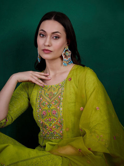 Indyancart SN Women's Lime Green Floral Embroidered Straight Kurta With Trouser & Dupatta