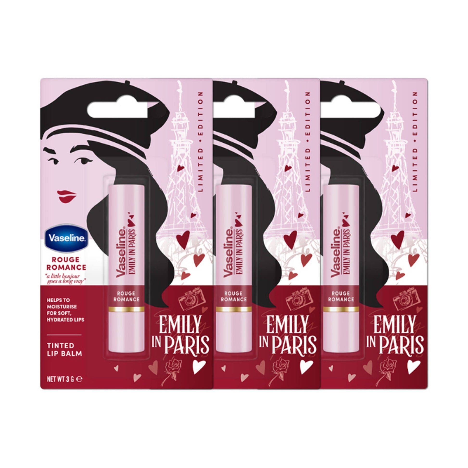 Vaseline Rouge Romance Emily In Paris Limited Edition Red Tinted Lip Balm Stick - Pack Of 3
