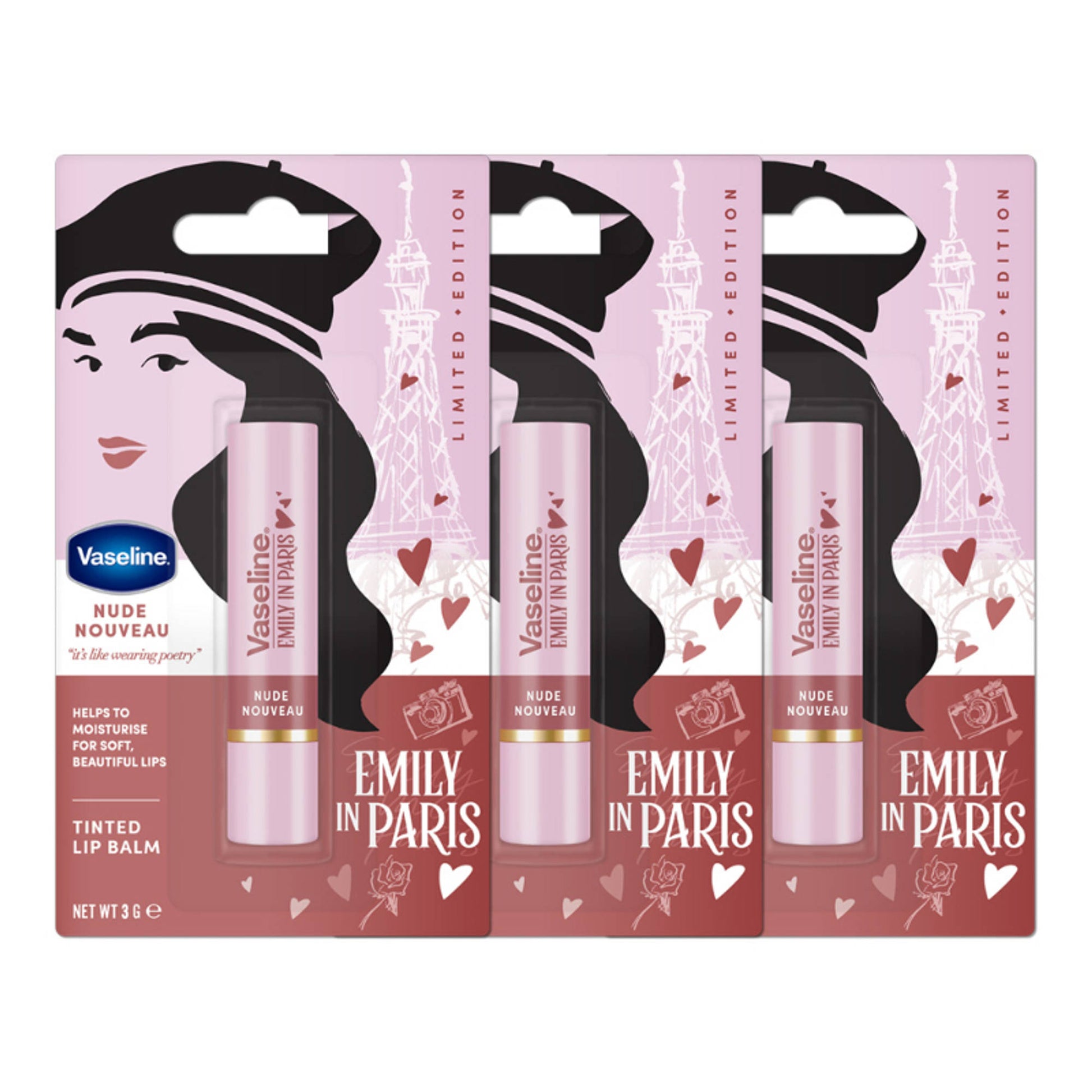 Vaseline Nude Nouveau Emily In Paris Limited Edition Nude Tinted Lip Balm Stick - Pack Of 3