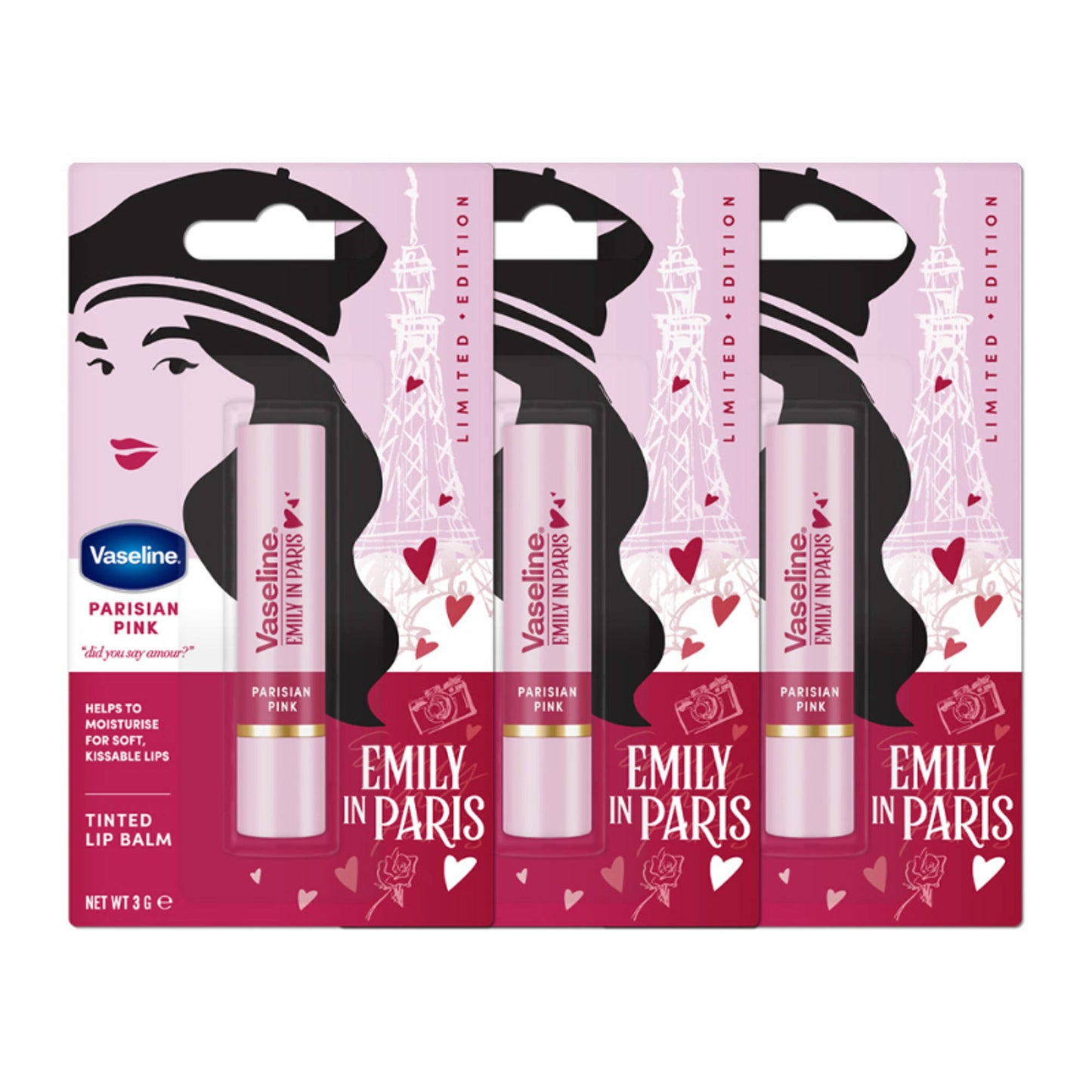 Vaseline Parisian Pink Emily In Paris Limited Edition Pink Tinted Lip Balm Stick - Pack Of 3