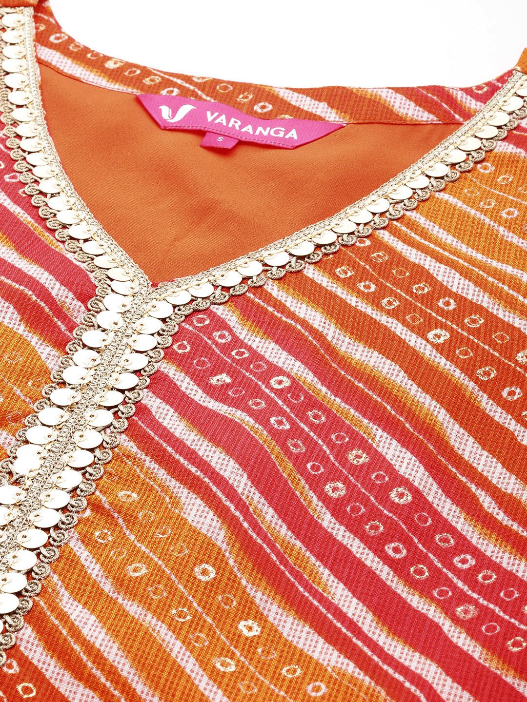 Indyancart VA Women's Leheriya Printed Regular Sequinned Kurta with Trousers & With Dupatta
