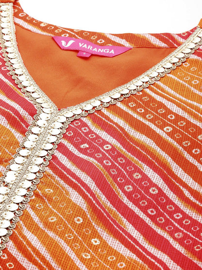 Indyancart VA Women's Leheriya Printed Regular Sequinned Kurta with Trousers & With Dupatta