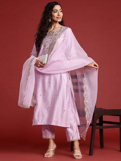 Indyancart IE Floral Embroidered Liva Kurta With Trousers & Dupatta