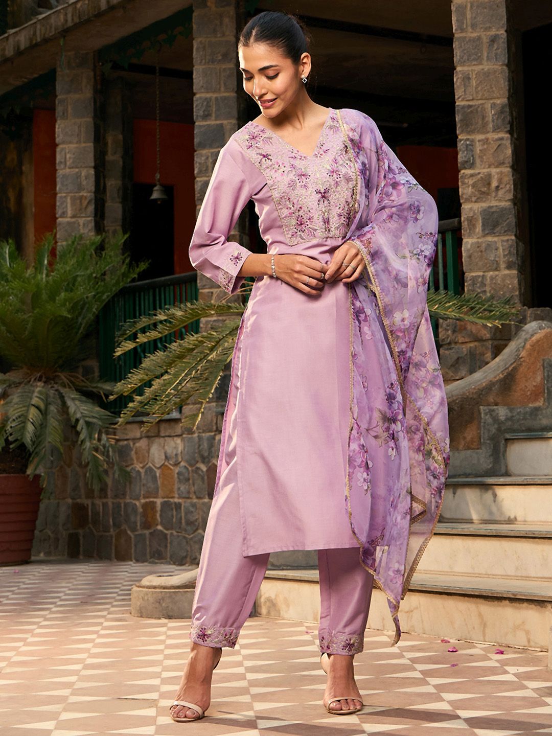 Indyancart IE V Neck Ethnic Motifs Embroidered Regular Kurta with Trouser & Dupatta