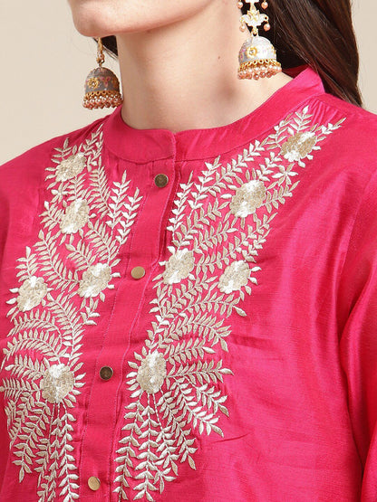 Indyancart VA Women's Magenta Floral Chanderi Silk Kurta with Trousers & With Dupatta