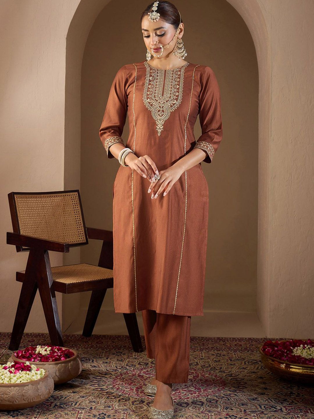 Indyancart IE Women Ethnic Motifs Embroidered Regular Liva Kurta with Trousers & With Dupatta