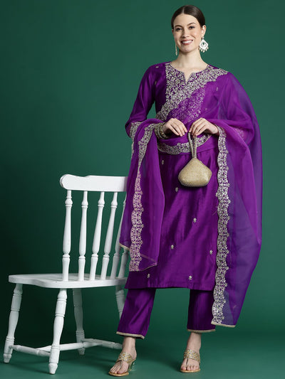 Indyancart IE Floral Embroidered Sequinned Liva Kurta with Trousers & With Dupatta