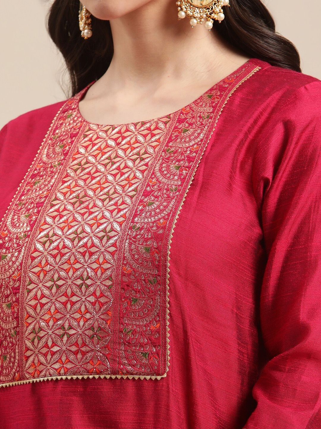 Indyancart VA Women's Red Yoke Design Kurta with Trousers & With Dupatta