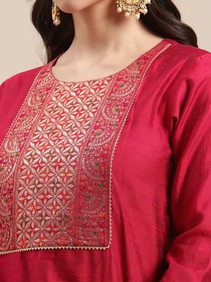 Indyancart VA Women's Red Yoke Design Kurta with Trousers & With Dupatta