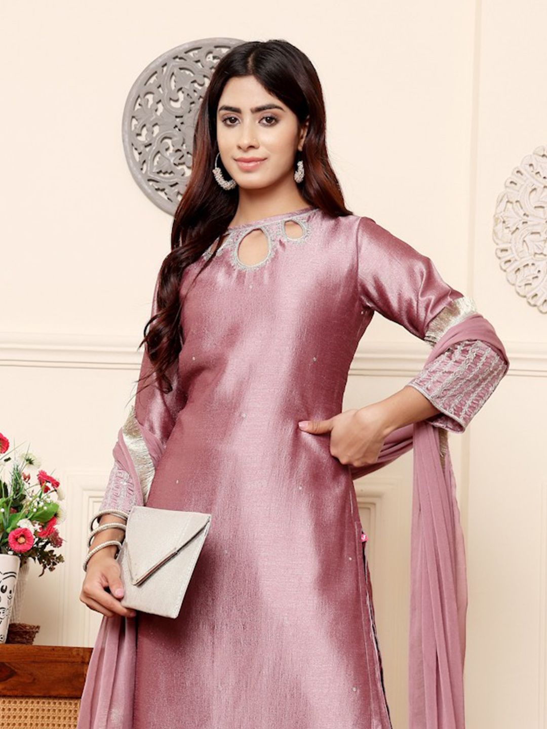 Indyancart VA Women'sLavender Sequinned Straight Kurta with Trousers & Dupatta