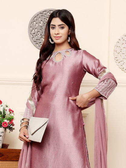 Indyancart VA Women'sLavender Sequinned Straight Kurta with Trousers & Dupatta