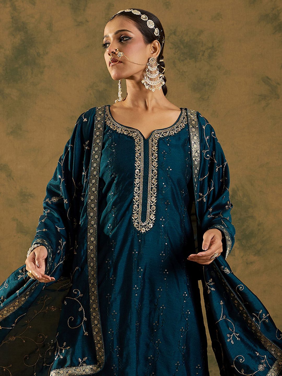 Indyancart IE Floral Embroidered Sequinned Kurta with Trousers & Dupatta