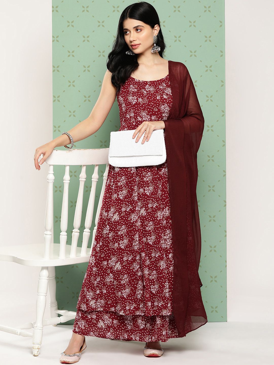 Indyancart VA Women's Floral Printed Panelled Silk Georgette Kurta with Palazzos & With Dupatta