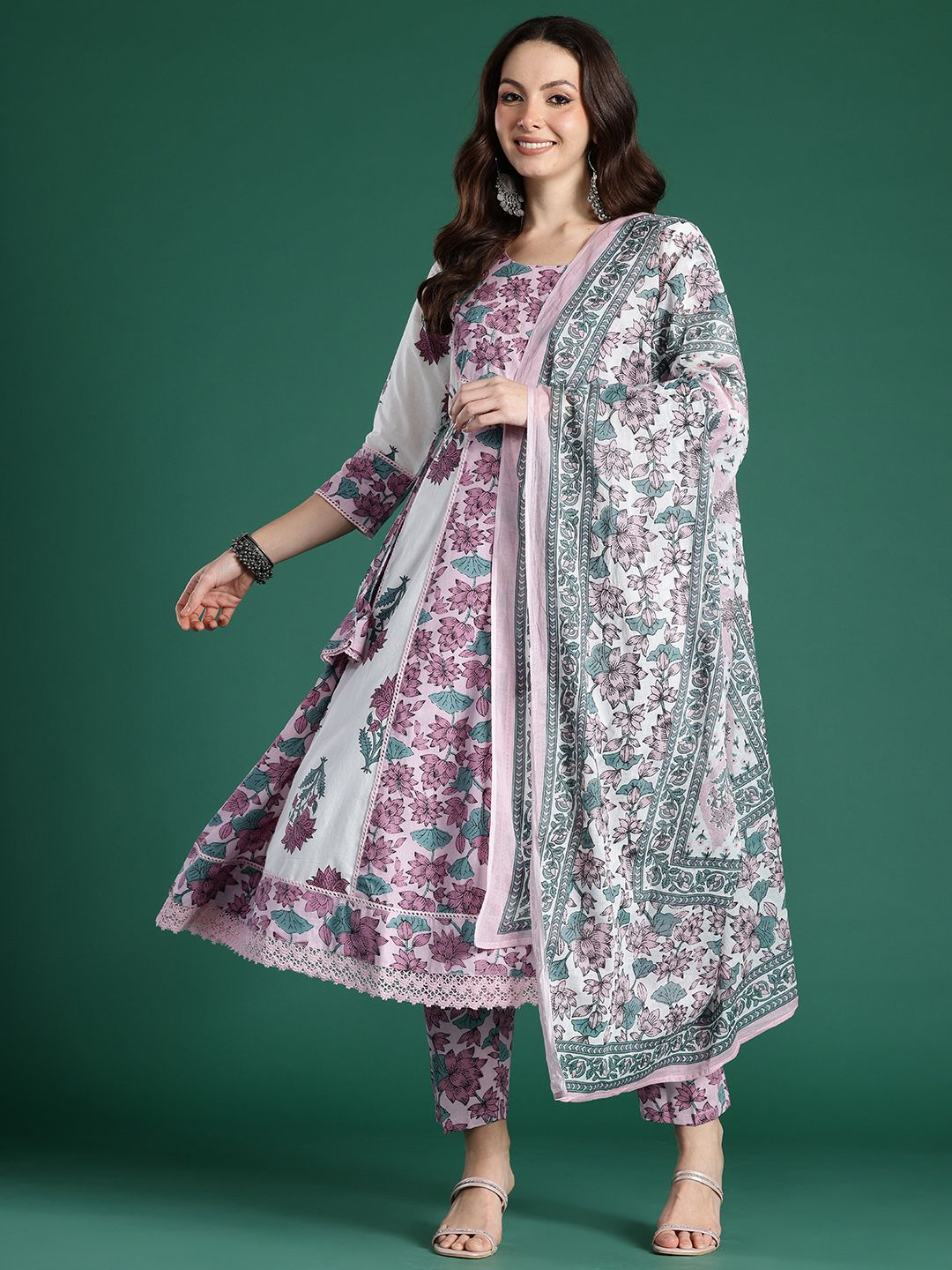 Women Floral Printed Pure Cotton Kurta with Trousers & With Dupatta