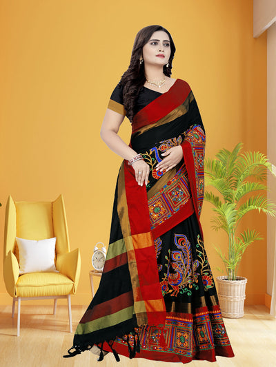 Indyancart RV Women's Cotton Silk Heavy Kutchi Work With Peacock Design Embroidered Saree  ( KVD729 )