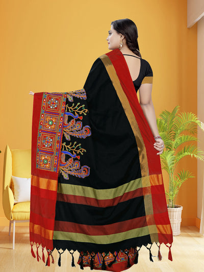 Indyancart RV Women's Cotton Silk Heavy Kutchi Work With Peacock Design Embroidered Saree  ( KVD729 )