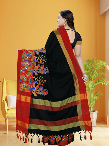 Dhiyona RV Women's Cotton Silk Heavy Kutchi Work With Peacock Design Embroidered Saree  ( KVD729 )
