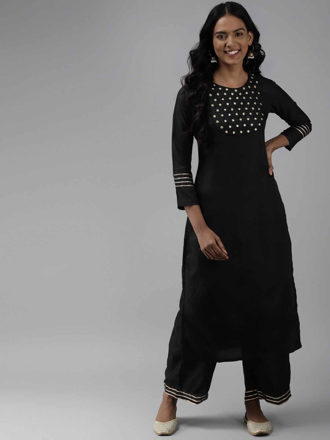 Dhiyona IE Women Black Yoke Design Regular Mirror Work Kurta with Palazzos
