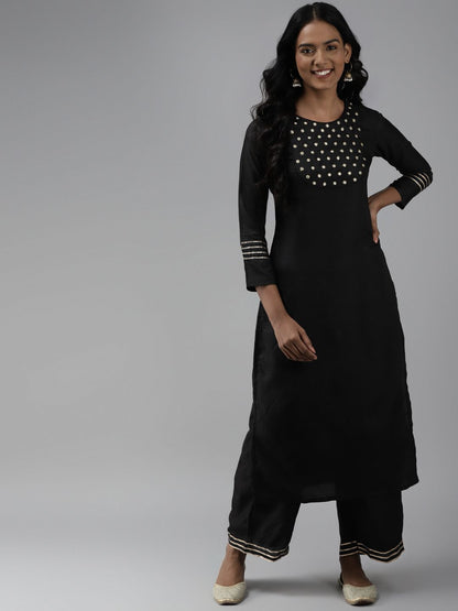 Dhiyona IE Women Black Yoke Design Regular Mirror Work Kurta with Palazzos