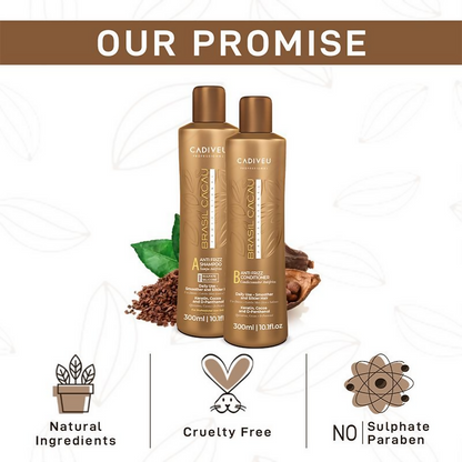 Cadiveu Brasil Cacau anti-frizz shampoo and conditioner set with sleek packaging and smooth, shiny hair in the image.