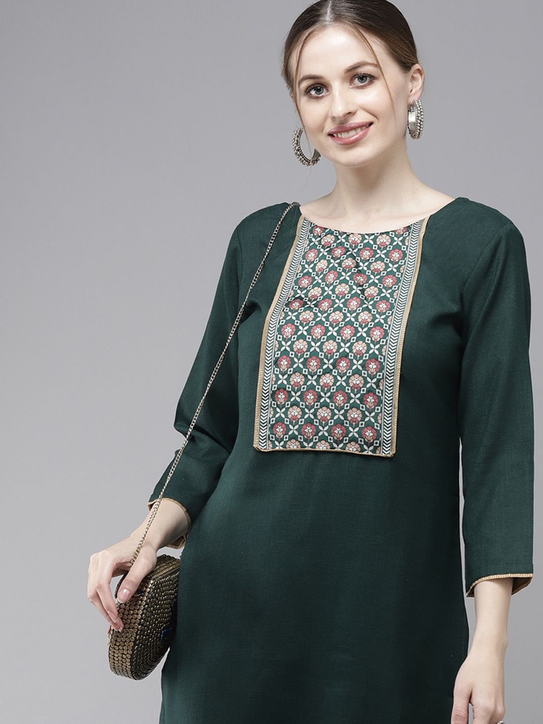 Indyancart IE Women Green Yoke Design Regular Pure Cotton Kurta with Palazzos