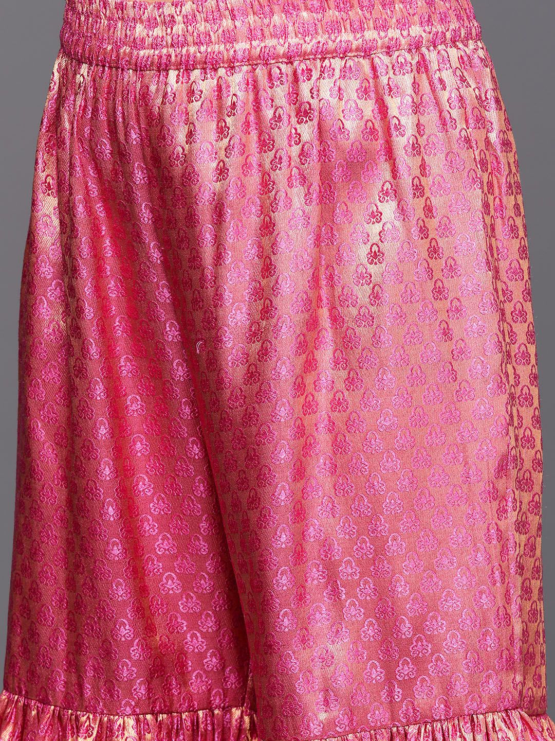 Indyancart VA Women's Peach-Coloured & Beige Floral Sequinned Kurta with Sharara & With Dupatta