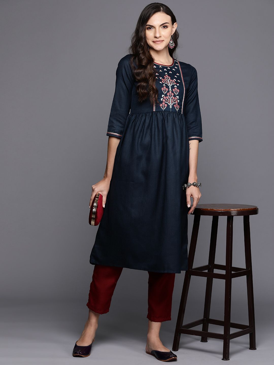 Dhiyona IE Floral Embroidered Gathered Detail Empire Style A-Line Kurta