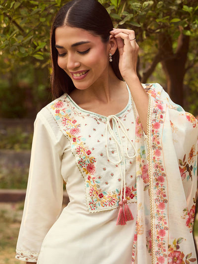 Indyancart IE Ethnic Motifs Embroidered Tie-Up Neck Straight Kurta with Trousers & Dupatta