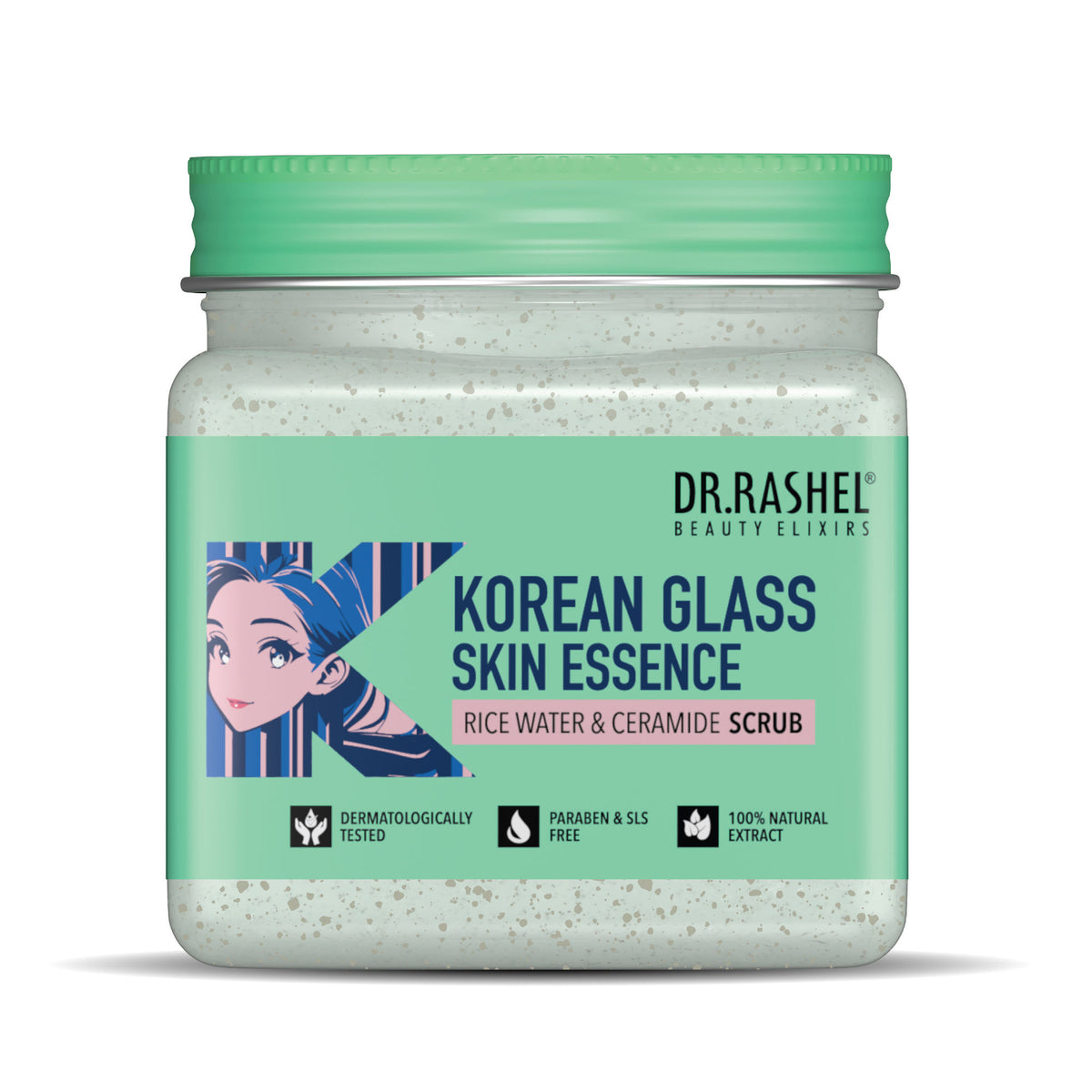 DR. RASHEL Korean face and body scrub with rice water and ceramide, showing the scrub container and natural ingredients.