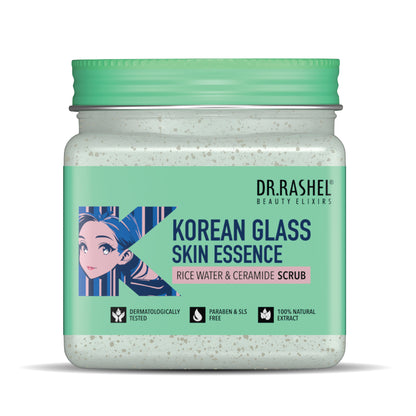 DR. RASHEL Korean face and body scrub with rice water and ceramide, showing the scrub container and natural ingredients.