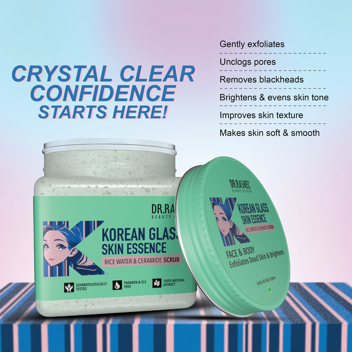 DR. RASHEL Korean face and body scrub with rice water and ceramide, showing the textured scrub product in a jar.