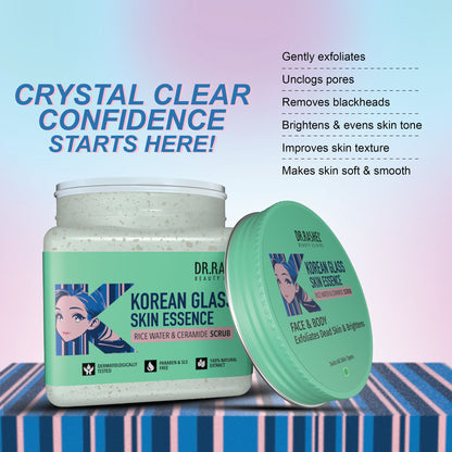 DR. RASHEL Korean face and body scrub with rice water and ceramide, showing the textured scrub product in a jar.