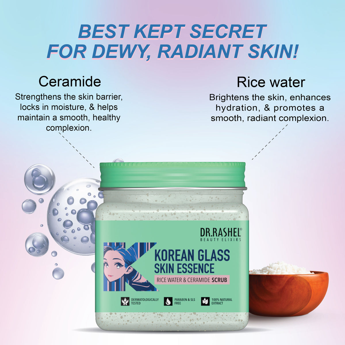 DR. RASHEL Korean face and body scrub with rice water and ceramide, showing the jar of exfoliating scrub with rice grains.