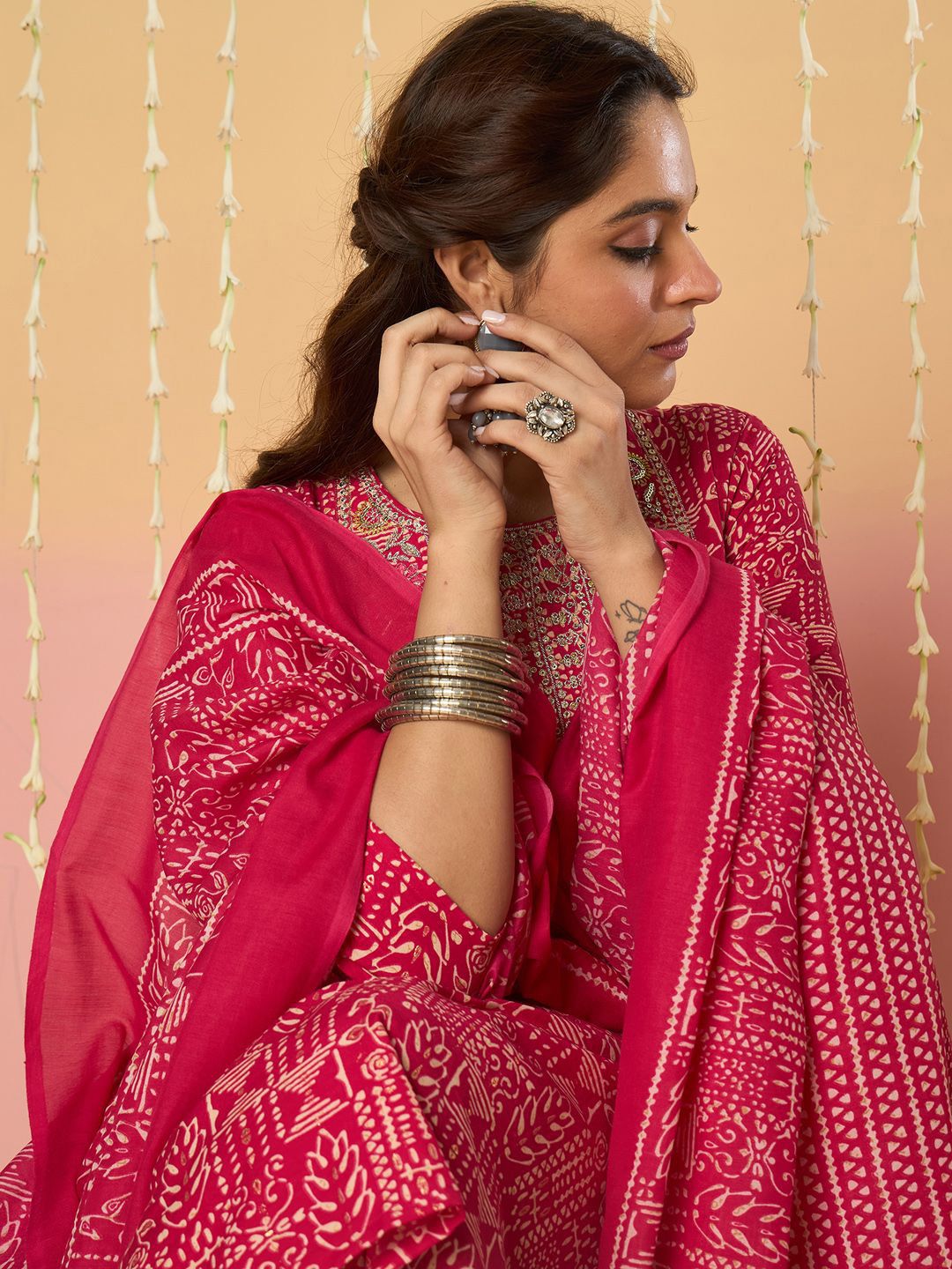 Women Ethnic Motifs Printed Regular Pure Cotton Kurta with Trousers & With Dupatta