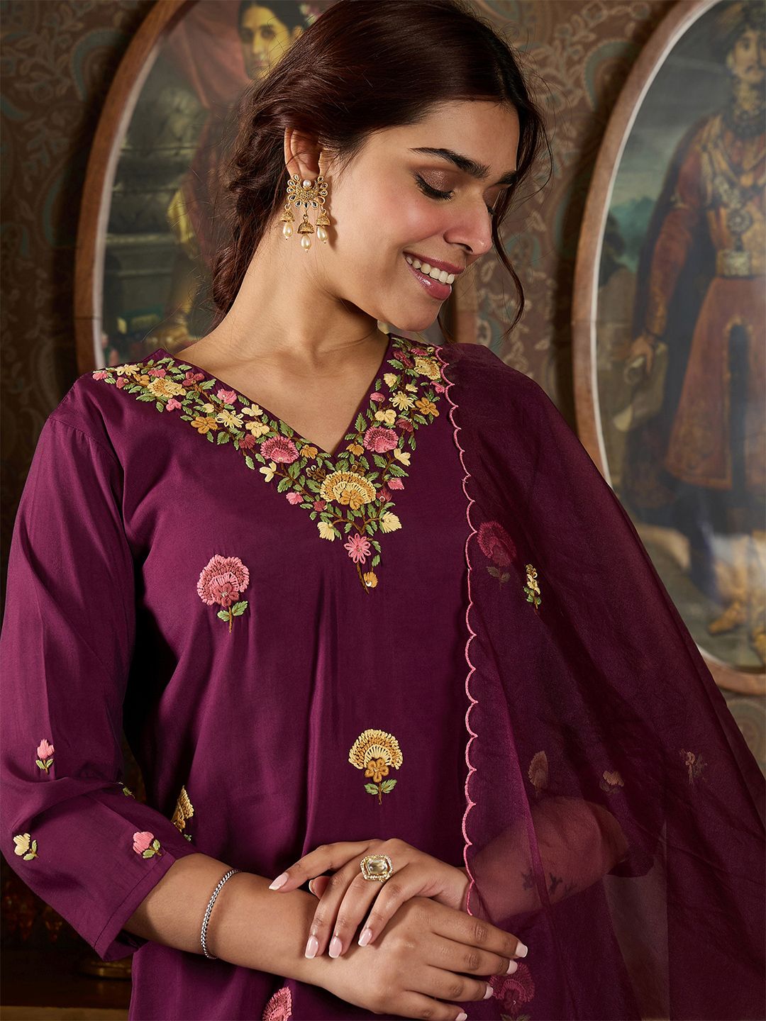 Floral Embroidered Thread Work Kurta With Trousers And Dupatta