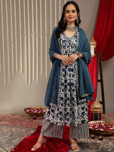 Indyancart VA Women'sFloral Printed V-Neck Pure Cotton Empire A-Line Kurta & Palazzo With Dupatta