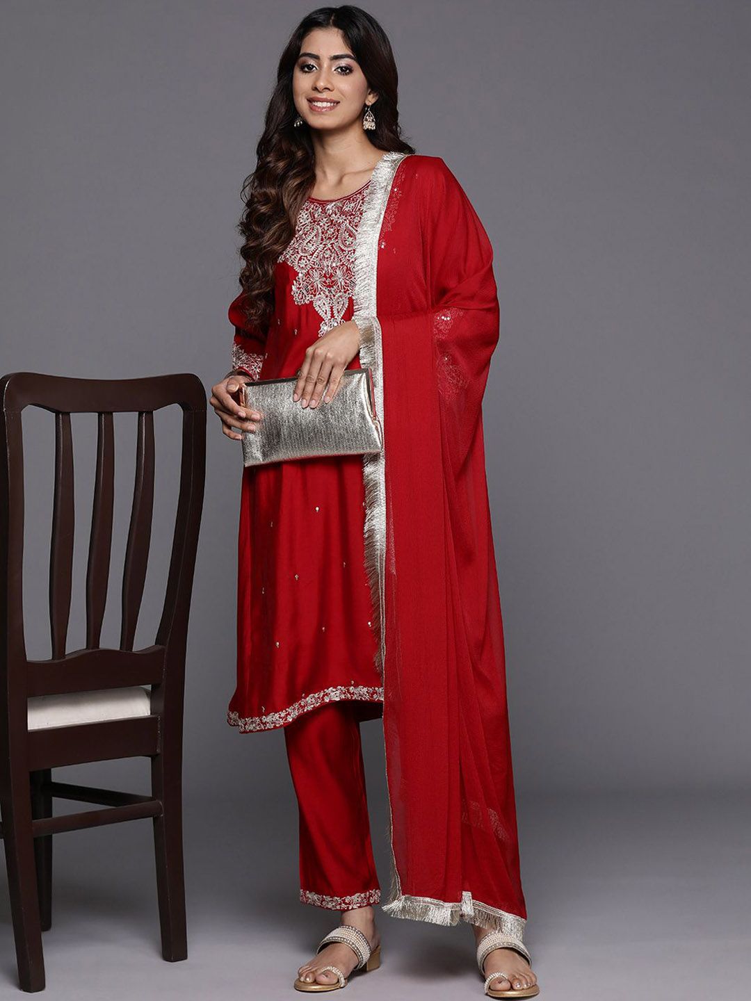 Indyancart VA Women'sFloral Embroidered Sequinned A-Line Kurta with Trousers with Dupatta