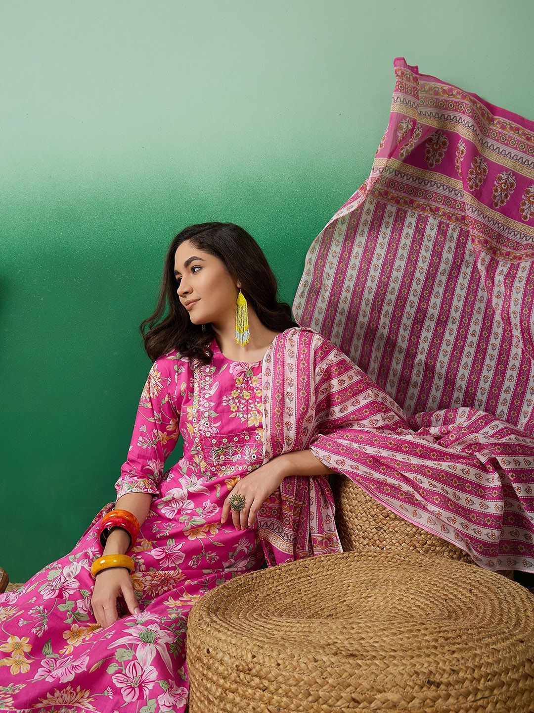 Indyancart SN Women's Printed Pure Cotton Straight Kurta With Trousers & Dupatta